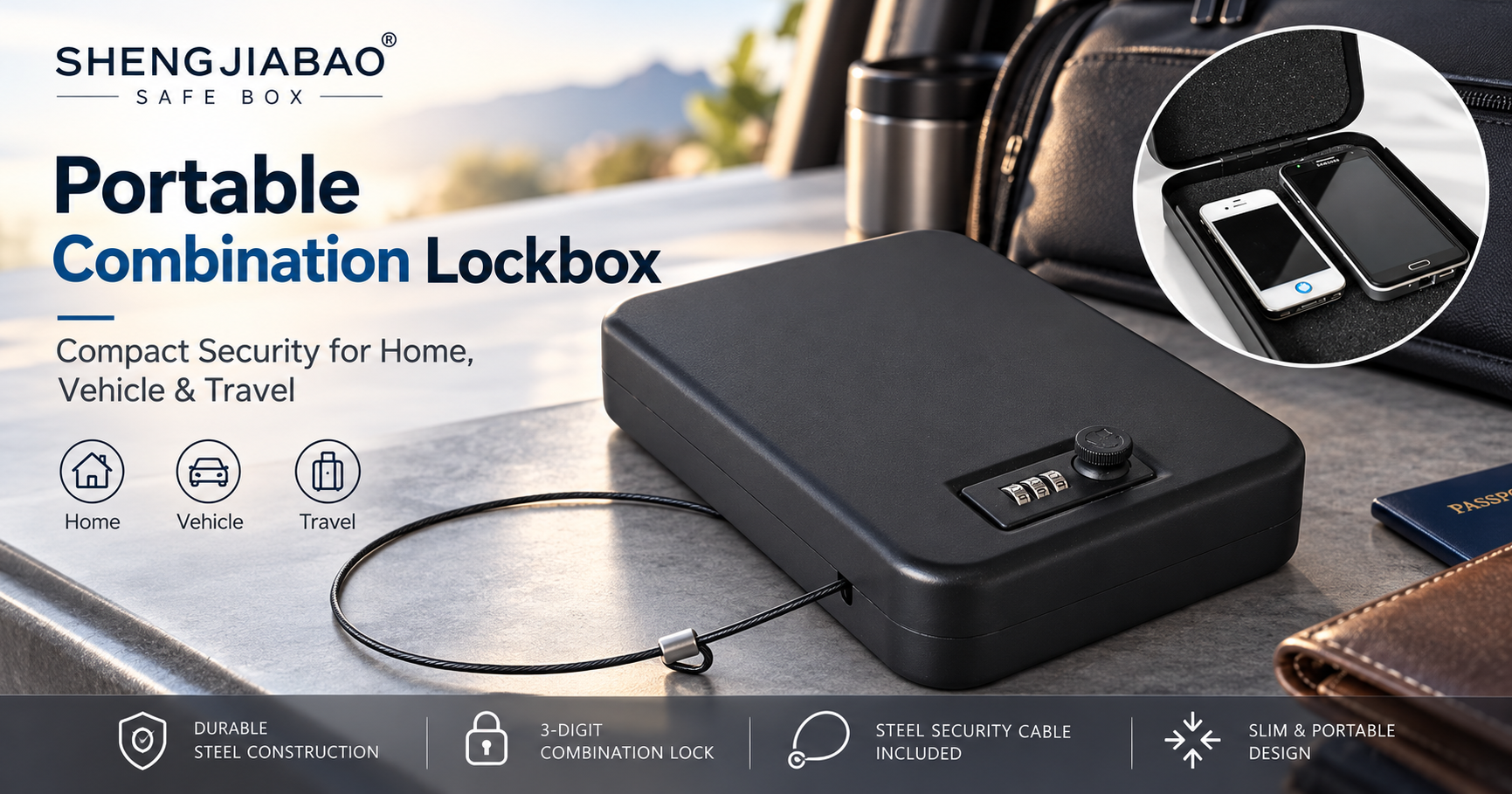 SHENGJIABAO SJB-24CSM portable combination lockbox with steel security cable for car home and travel