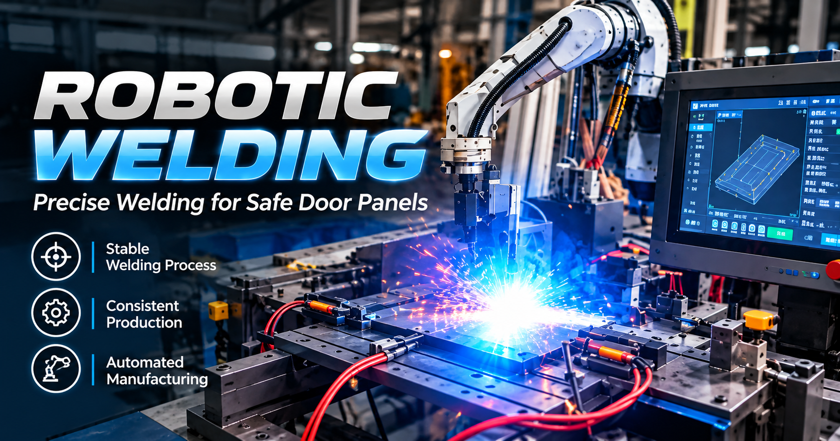 robotic welding safe door panel with fixture and welding control screen in SHENGJIABAO factory